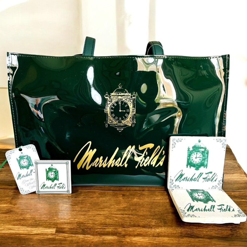 Marshall Fields Large Tote Gift Set. Tote 2 pc stone coaster set magnet gift tag
